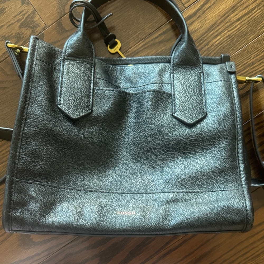 Fossil Black Leather Tote with Gold Accents